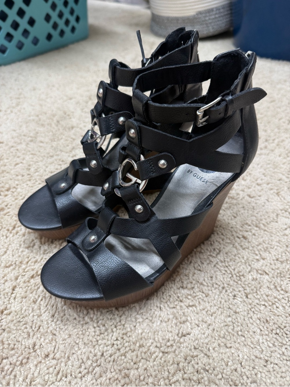 G by Guess Black Strappy Wedge Sandals with Wood-Tone Heel